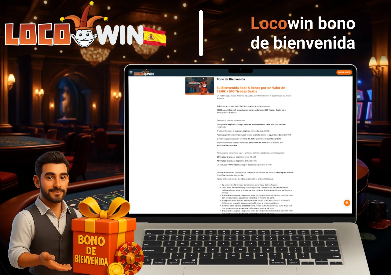 Página del bono de bienvenida abierta en un portátil junto a un personaje que presenta un cofre de recompensas