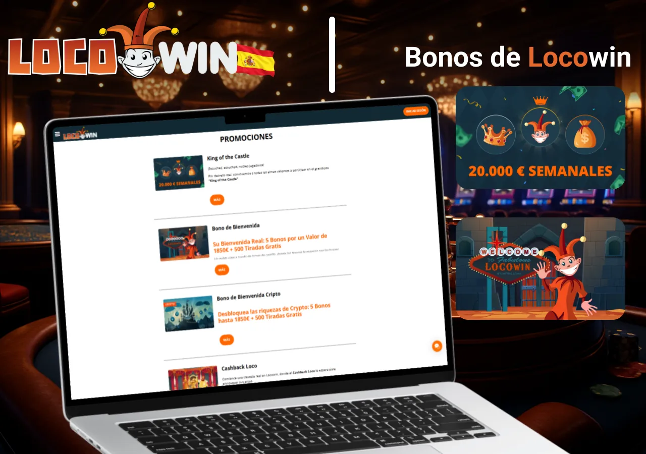 Bonos de Locowin con la sección de promociones abierta y banners de recompensas semanales en pantalla