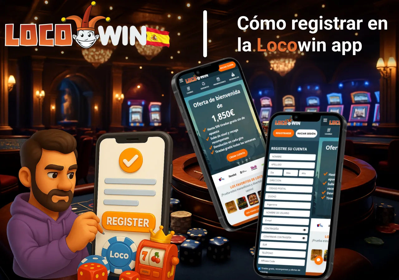 Proceso de registro paso a paso dentro de la app de Locowin, con formulario móvil y verificación para nuevos usuarios.