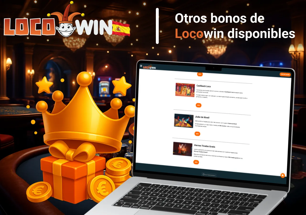 Listado de otros bonos disponibles mostrado en un portátil junto a iconos de corona, regalo y monedas