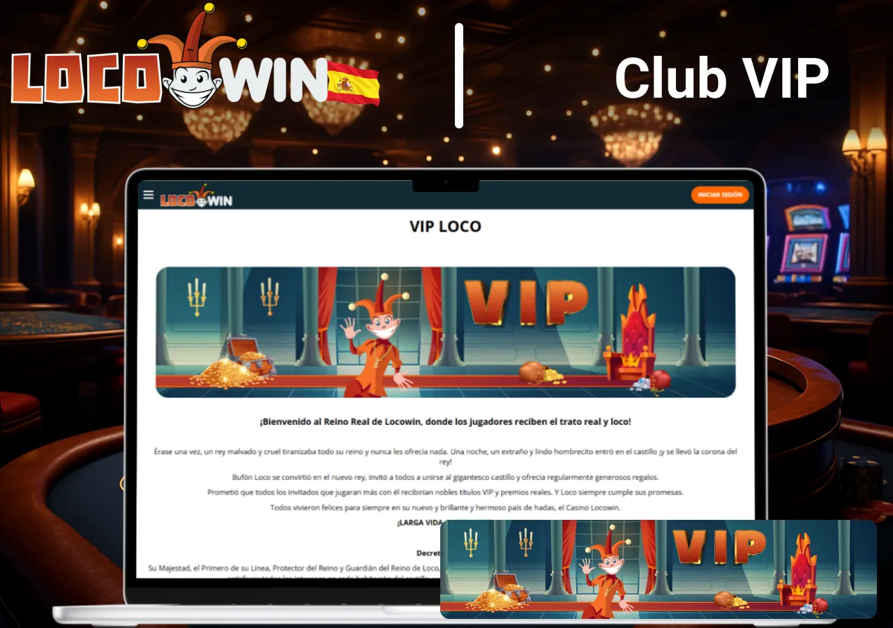 Club VIP mostrado en un portátil con la sección VIP Loco abierta y un personaje con corona en primer plano