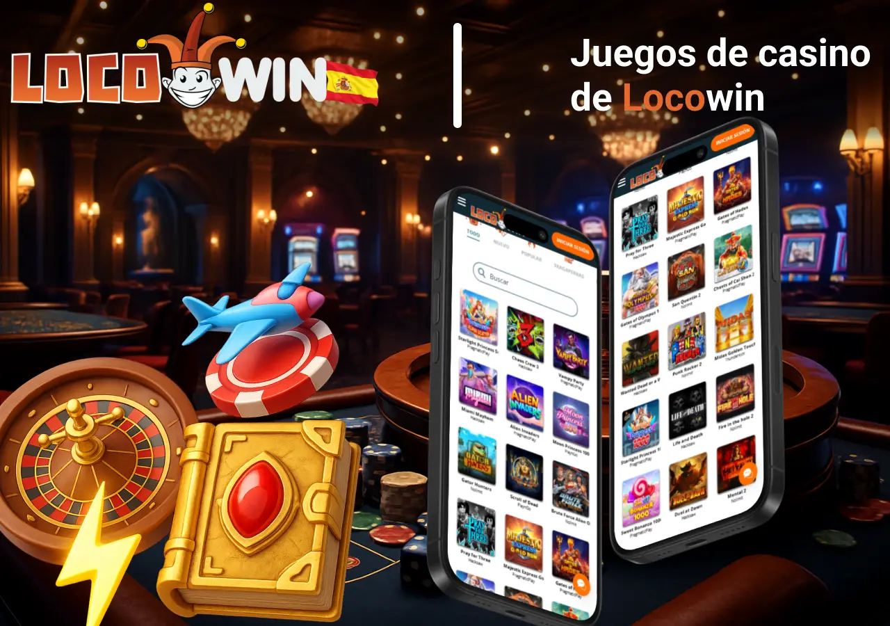 Selección de juegos de casino disponibles en la app de Locowin, incluyendo tragamonedas populares y títulos destacados.